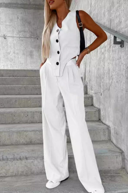 Levoire | Style Britannique Décontracté Boutons Unis Pli Asymétrique Décolleté En V Sans Manches Deux Pièces Blanc