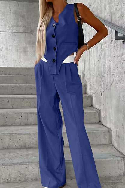 Levoire | Style Britannique Décontracté Boutons Unis Pli Asymétrique Décolleté En V Sans Manches Deux Pièces Bleu