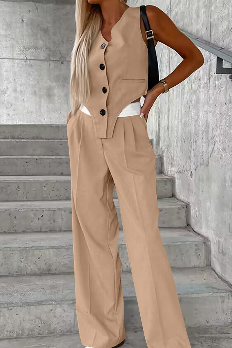 Levoire | Style Britannique Décontracté Boutons Unis Pli Asymétrique Décolleté En V Sans Manches Deux Pièces Khaki