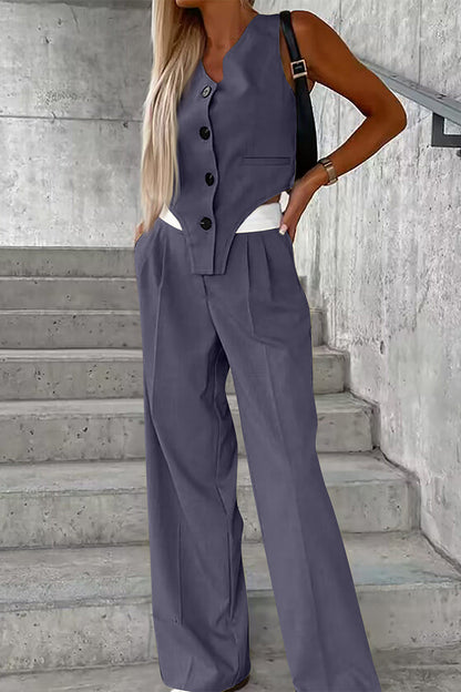 Levoire | Style Britannique Décontracté Boutons Unis Pli Asymétrique Décolleté En V Sans Manches Deux Pièces Gris foncé