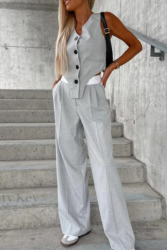 Levoire | Style Britannique Décontracté Boutons Unis Pli Asymétrique Décolleté En V Sans Manches Deux Pièces