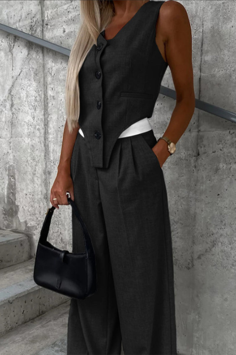 Levoire | Style Britannique Décontracté Boutons Unis Pli Asymétrique Décolleté En V Sans Manches Deux Pièces Noir