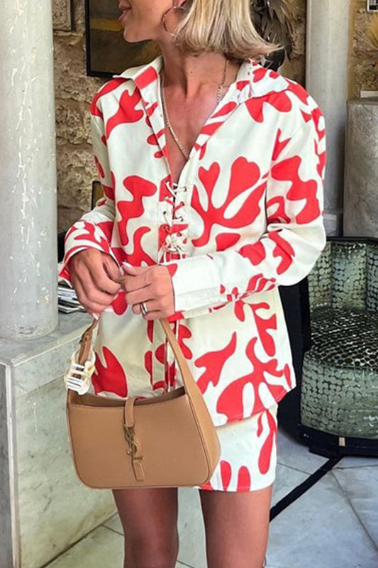 Levoire | Décontracté Floral Patchwork Col Rabattu Manches Longues Deux Pièces