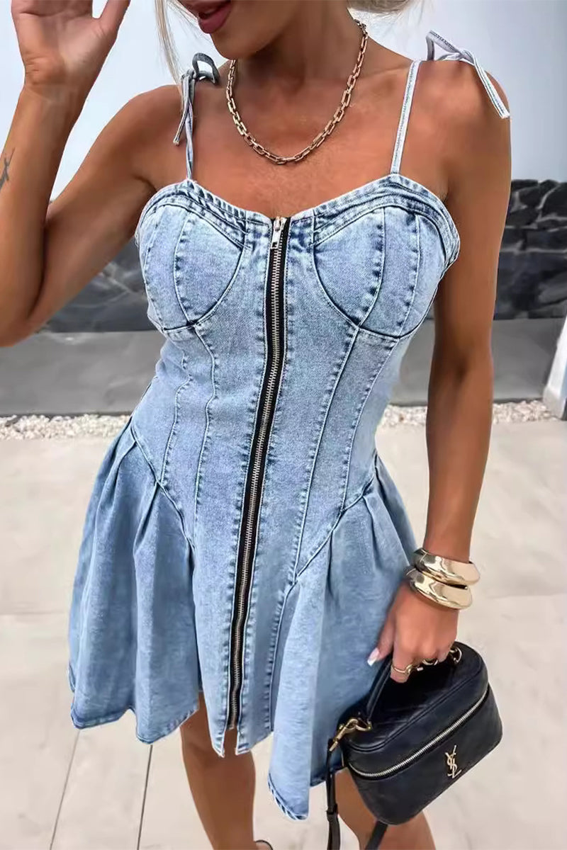 Levoire | Robe En Denim Sans Manches À Col En V Décontractée Unie Avec Fermeture Éclair Régulière Le Cowboy Bleu