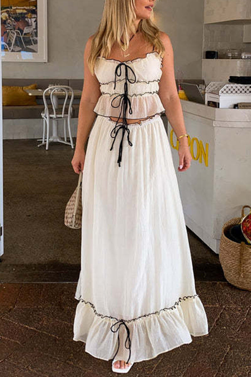 Levoire | Robe Plissée À Deux Pièces Élégante Et Douce Avec Nœud Et Décolleté En U Abricot