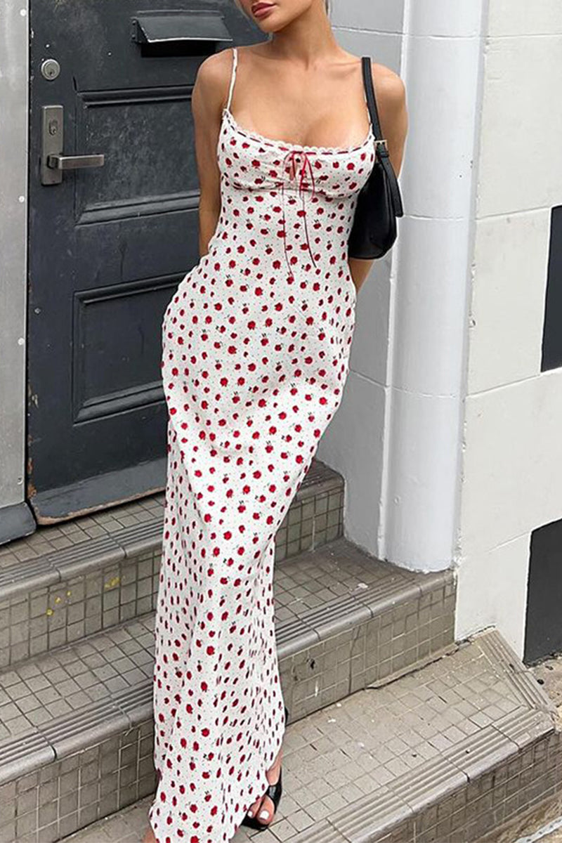 Levoire | Doux Élégant Imprimé Fleurs Dentelle Col Carré Robes Mi-Longues Blanc