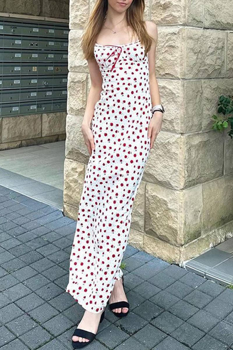 Levoire | Doux Élégant Imprimé Fleurs Dentelle Col Carré Robes Mi-Longues