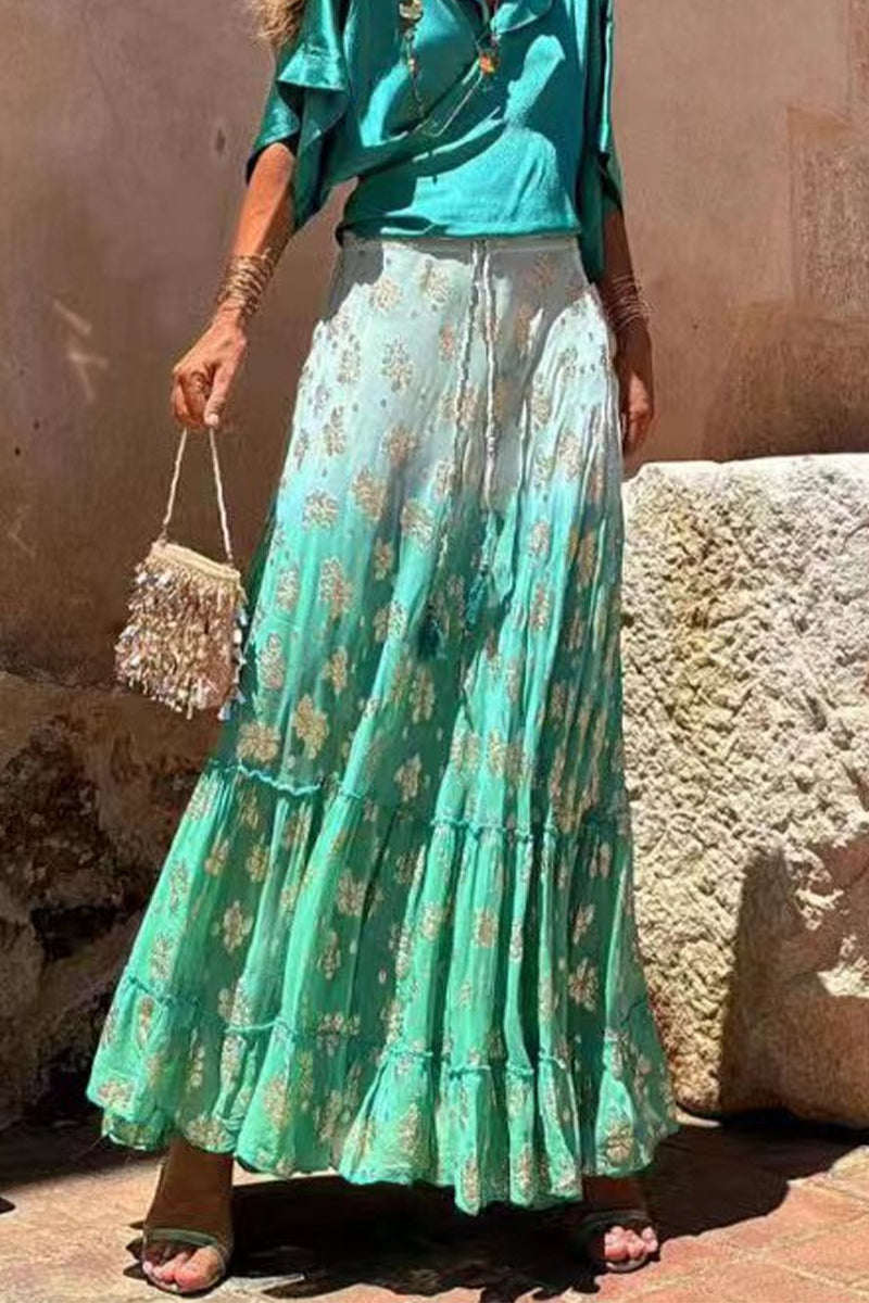 Levoire | Élégante Impression De Fleurs Froncées Contraste Taille Haute Décontractée Type A Imprimé Intégral Pantalon Vert