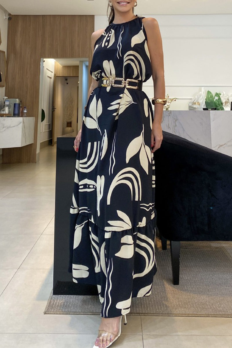 Levoire | Robe Imprimée Élégante À Plis Géométriques Sans Ceinture Décolleté Noir