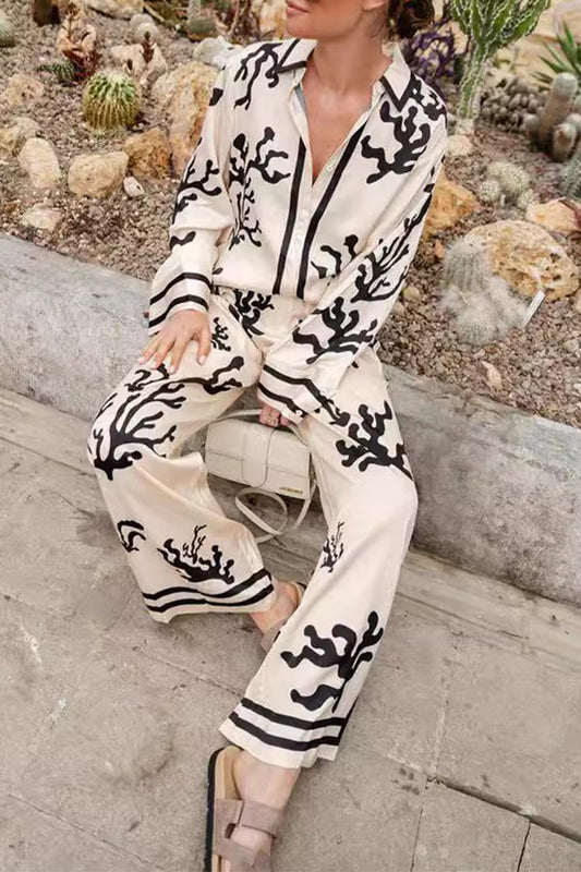 Levoire | Décontracté Vacances Imprimé Géométrique Col Revers Manches Longues Deux Pièces