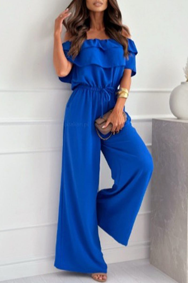 Levoire | Élégant Monochrome Volant Offshoulder Combinaisons Lâches Bleu