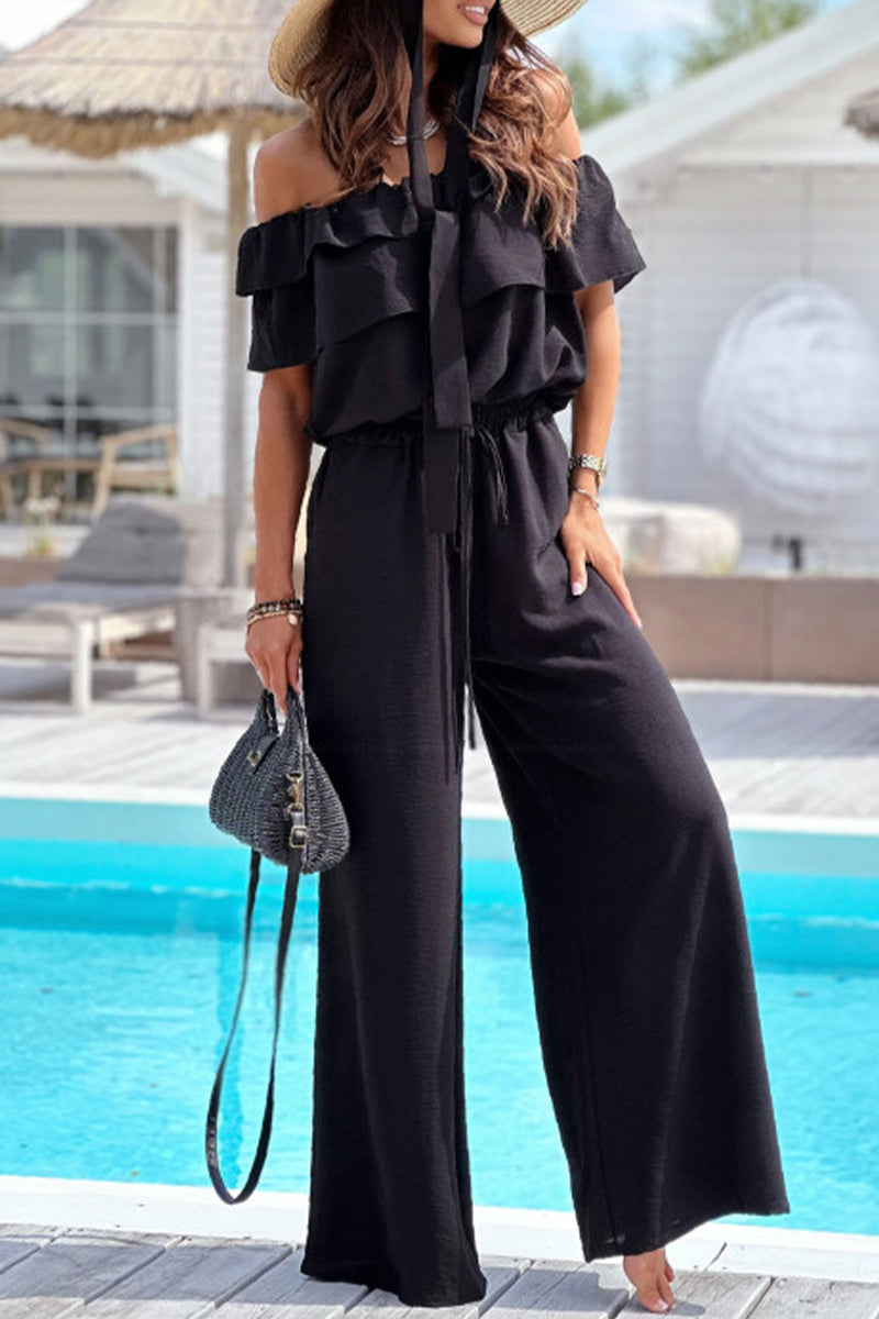 Levoire | Élégant Monochrome Volant Offshoulder Combinaisons Lâches Noir