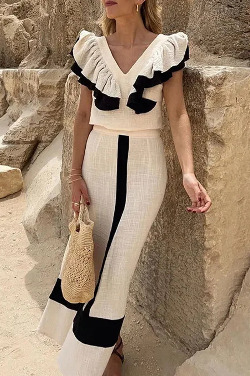 Levoire | Élégant Monochrome Flatter Contraste Décolleté Deux Pièces Khaki