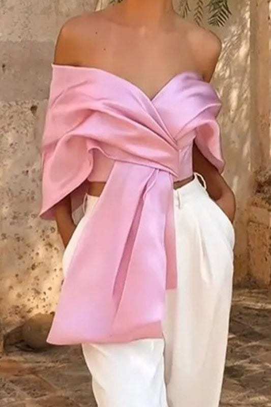 Levoire | Sweet Solid Asymmetrical Top With Bow And V-Neck