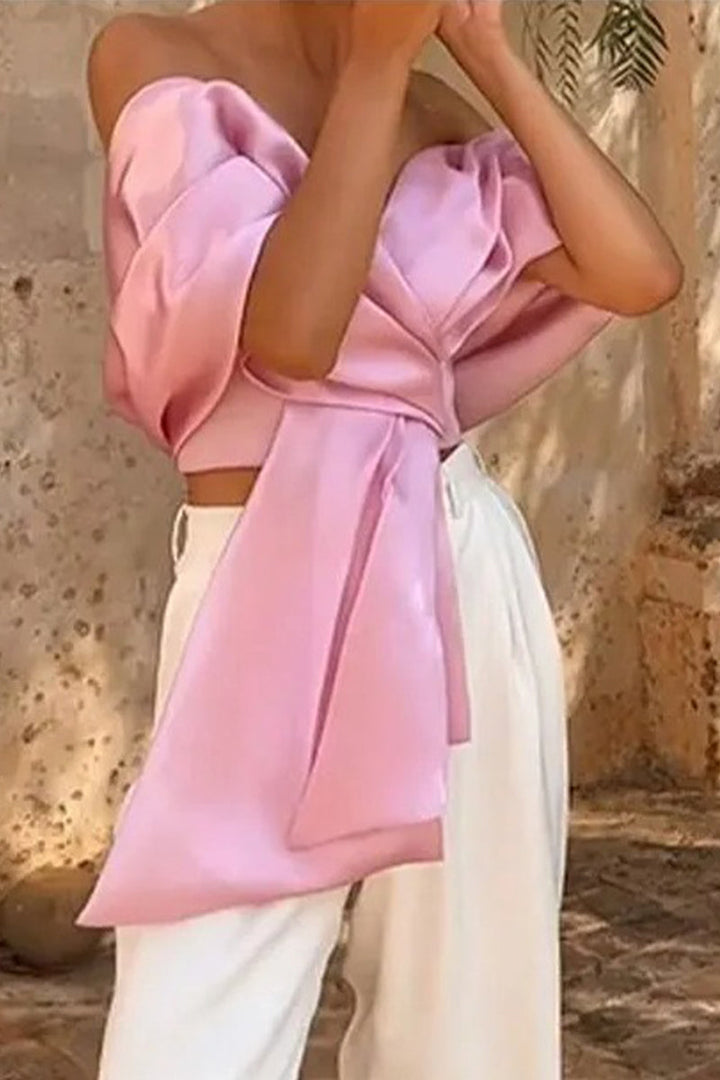 Levoire | Sweet Solid Asymmetrical Top With Bow And V-Neck
