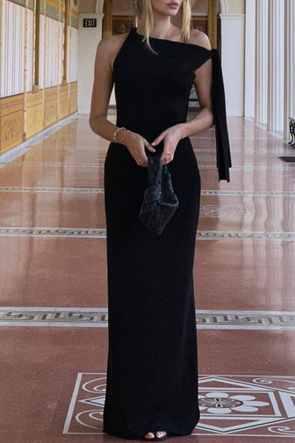 Levoire | Robe Jupe Chic Élégante Unicolore Col En Biais Noir