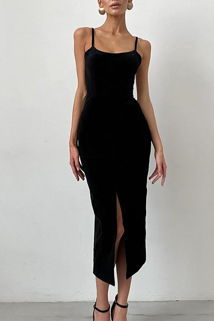 Levoire | Sexy Celebrities Uni Couleur Dos Nu Fente Col Carré Enveloppé Jupe Robes Noir