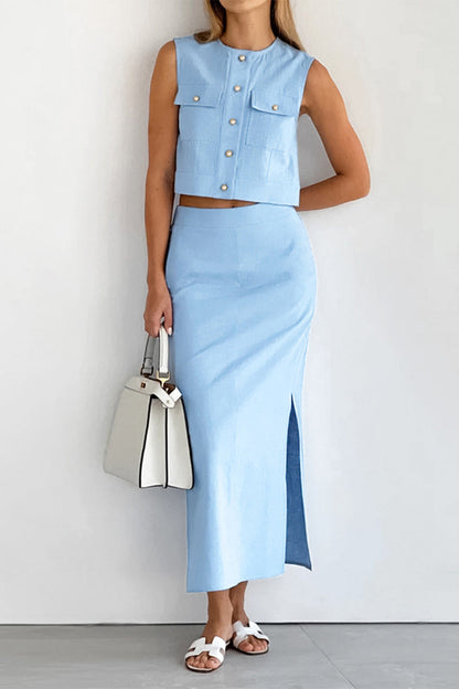 Levoire | Élégante Simplicité Boutons Solides Encolure Fendue Sans Manches Deux Pièces Bleu