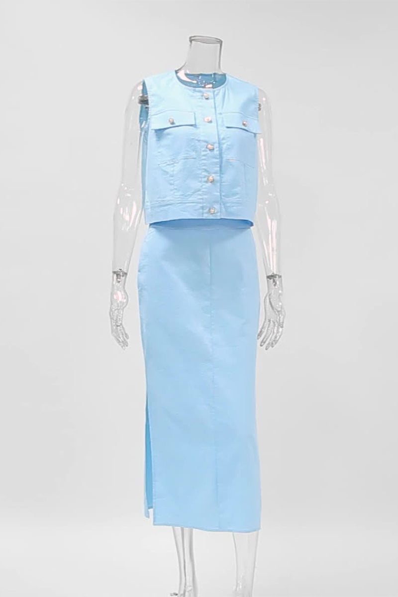 Levoire | Élégante Simplicité Boutons Solides Encolure Fendue Sans Manches Deux Pièces