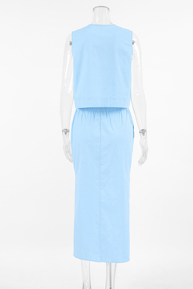 Levoire | Élégante Simplicité Boutons Solides Encolure Fendue Sans Manches Deux Pièces