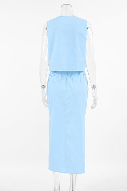 Levoire | Élégante Simplicité Boutons Solides Encolure Fendue Sans Manches Deux Pièces