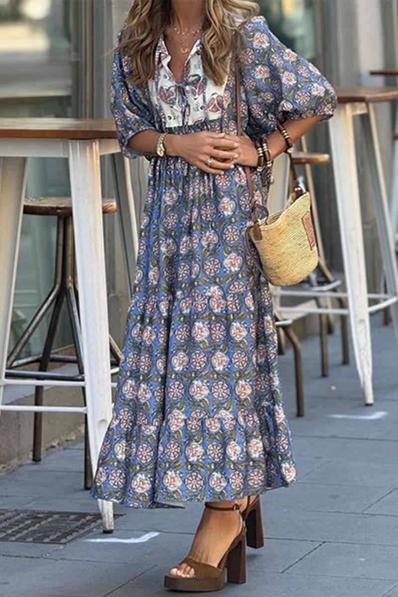 Levoire | Robe A-Ligne À Col Rabattable En Patchwork Floral Bohemian À Motif Tridimensionnel Bleu