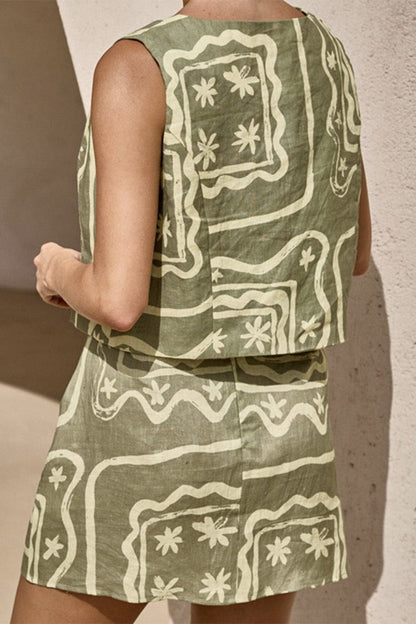 Levoire | Décontracté Imprimé Géométrique Boutons U-Décolleté Sans Manches Deux Pièces