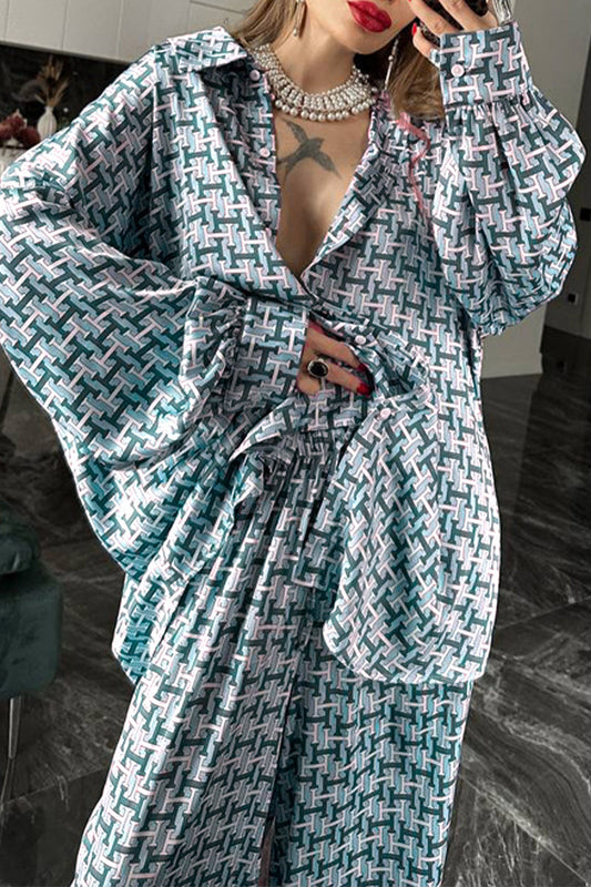 Levoire | Décontracté Quotidien Imprimé Géométrique Contrasté Col Revers Manches Longues Deux Pièces