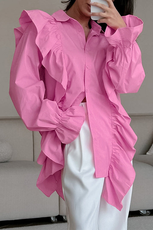 Levoire | Hauts À Col Rabattu Unicolores À Volants En Patchwork Décontractés Pour Le Quotidien