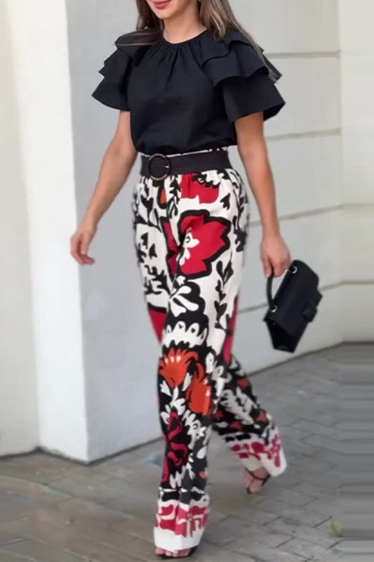 Levoire | Décontracté Imprimé Floral Volants De Sac Sans Ceinture Col Rond Ensemble À Deux Pièces