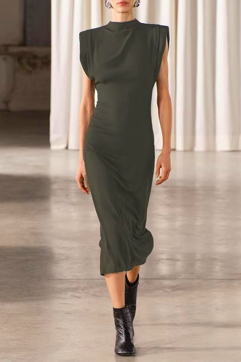Levoire | Robe Mi-Haute Décontractée Quotidienne À Col Montant Zippée Unie Teinte Verte