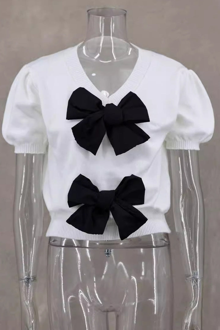 Levoire | Pull Décontracté Quotidien Uni Avec Décor En Nœud Et Décolleté En V