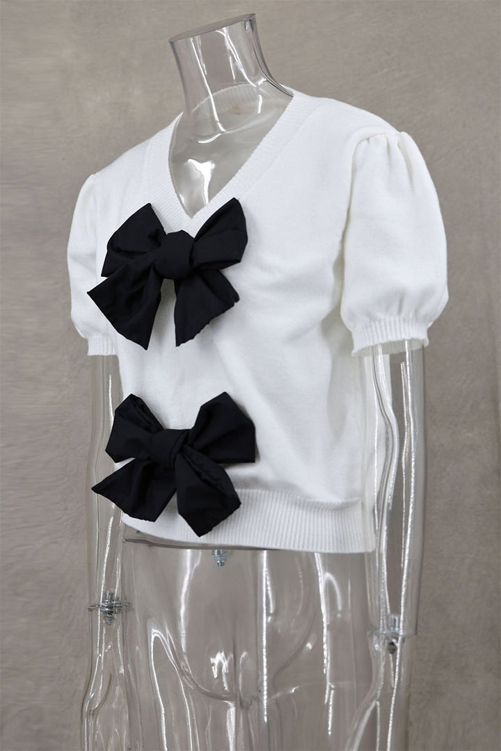 Levoire | Pull Décontracté Quotidien Uni Avec Décor En Nœud Et Décolleté En V