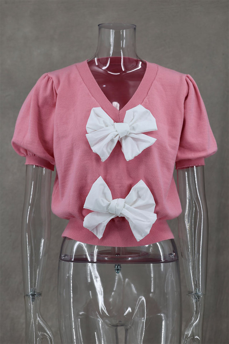 Levoire | Pull Décontracté Quotidien Uni Avec Décor En Nœud Et Décolleté En V