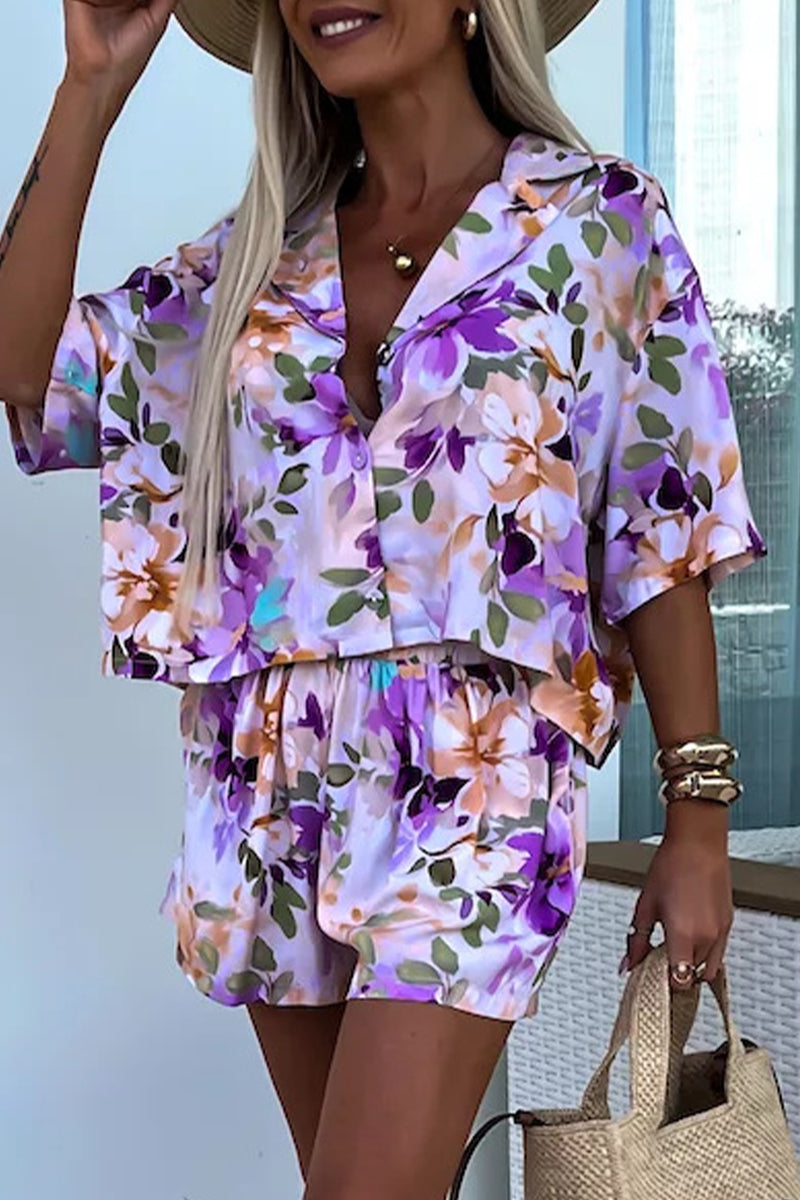 Levoire | Vêtements Décontractés À Fleurs Des Rues Motifs Patchwork Col Rabattable Manches Courtes Deux Pièces Bleu Lilas