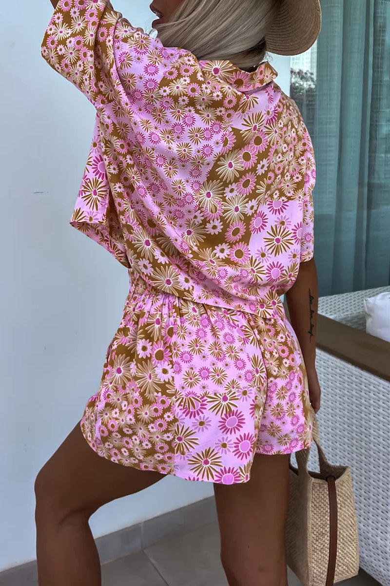 Levoire | Vêtements Décontractés À Fleurs Des Rues Motifs Patchwork Col Rabattable Manches Courtes Deux Pièces