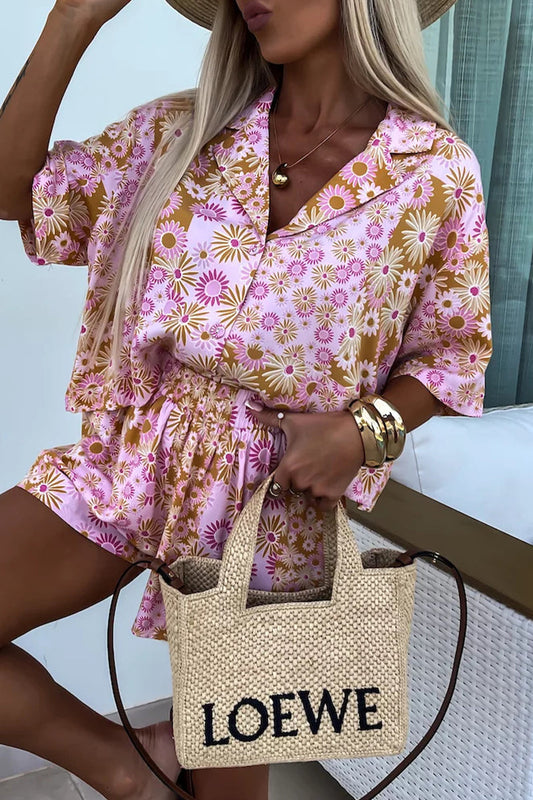 Levoire | Vêtements Décontractés À Fleurs Des Rues Motifs Patchwork Col Rabattable Manches Courtes Deux Pièces