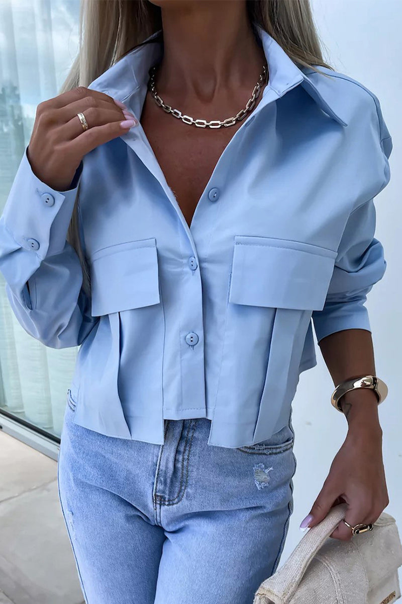 Levoire | Chemisier À Col Boutonné Uni Décontracté Quotidien Bleu