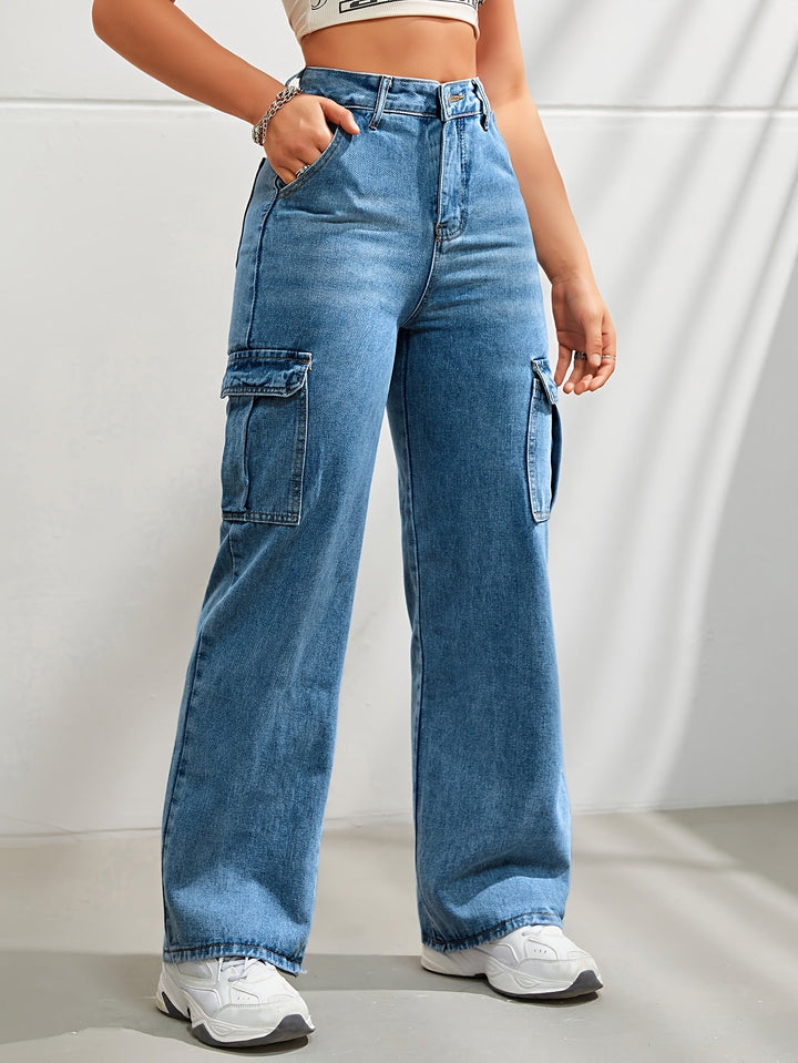 Levoire | Rennot Denim Cargo-Pantalons Avec Jambe Large Et Taille Haute bleu moyen
