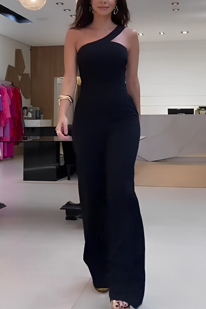 Levoire | Combinaison Régulière À Col Asymétrique Unicolore Décontractée Noir