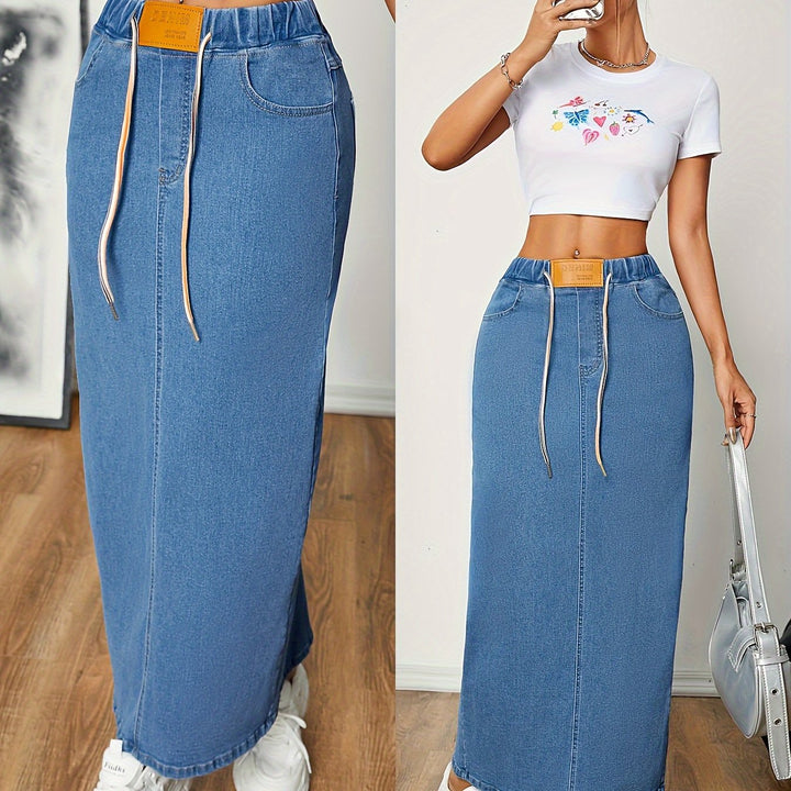 Levoire | Lavé Bleu Maxi Jean Jupe Avec Dos Fendu Et Ceinture À Nouer