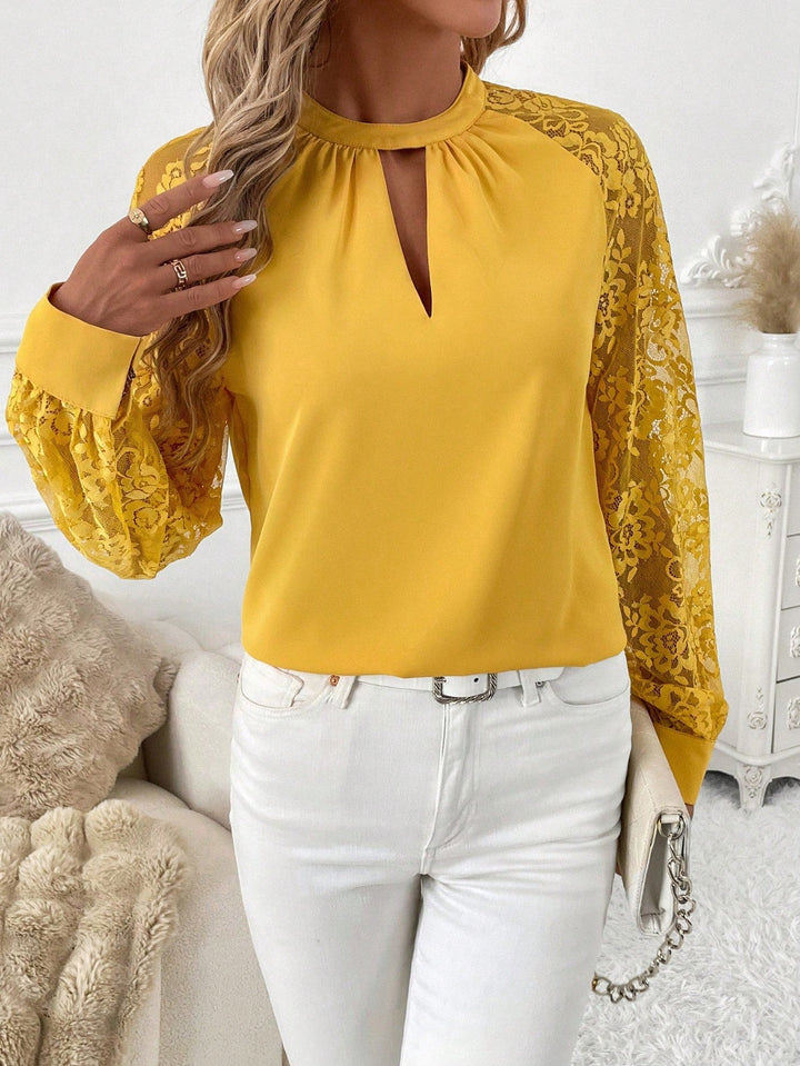 Levoire | Blouse À Trou De Serrure En Dentelle Avec Manches Pour Femmes Jaune