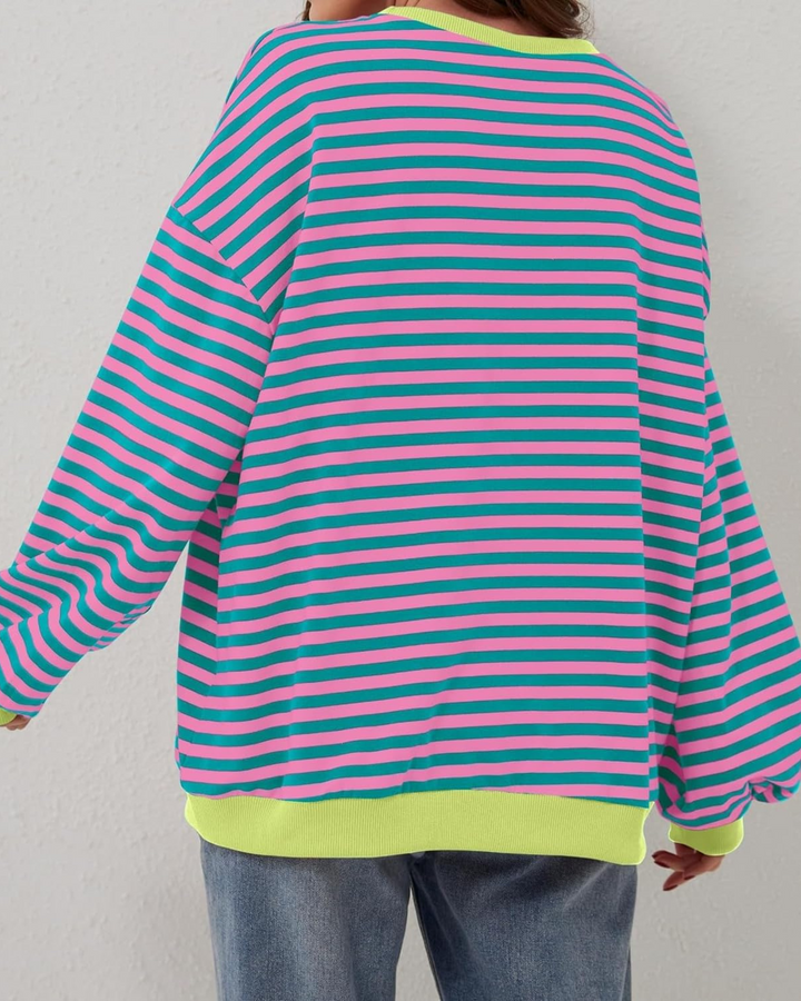 Levoire | T-shirt à col rond rayé à manches longues grande taille