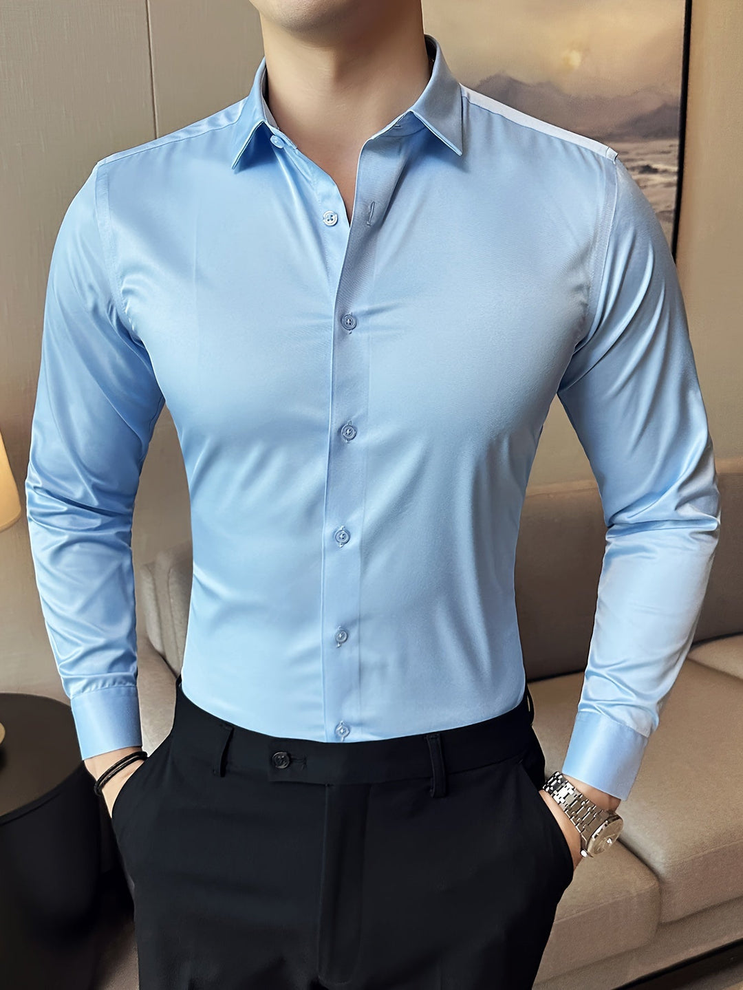 Levoire | Classique Uni Manches Longues Chemise Bleu clair