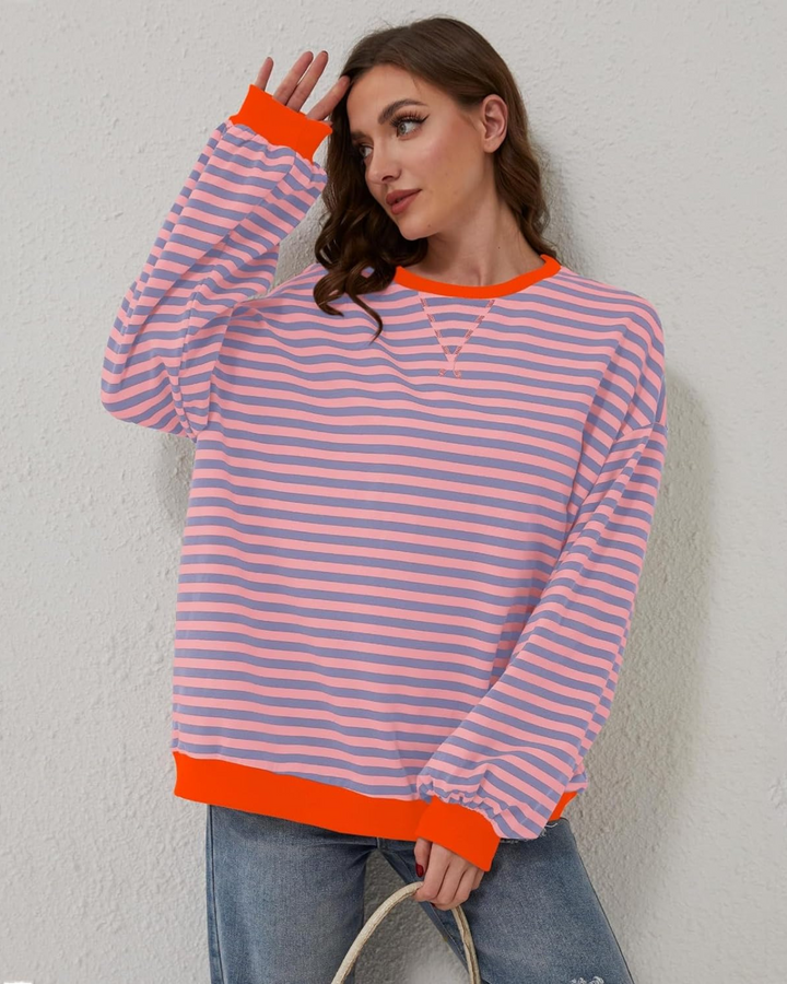 Levoire | T-shirt à col rond rayé à manches longues grande taille Orange