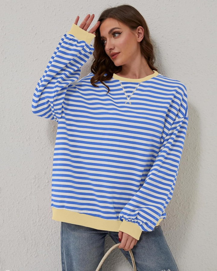 Levoire | T-shirt à col rond rayé à manches longues grande taille Bleu