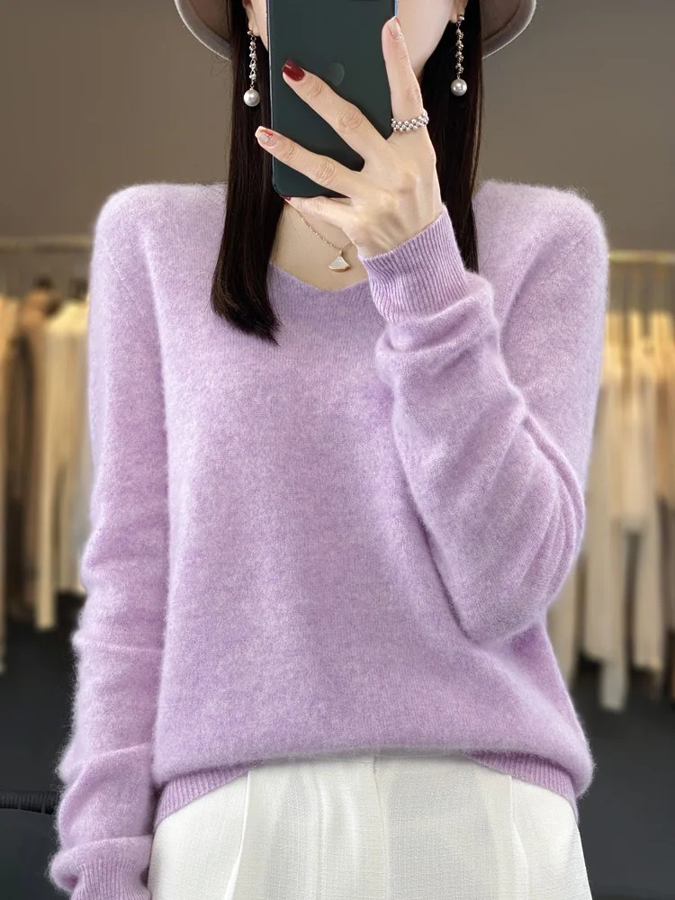 Levoire | Kashmir pull Femme Élégant Col en V, Doux & Confortable Violet clair