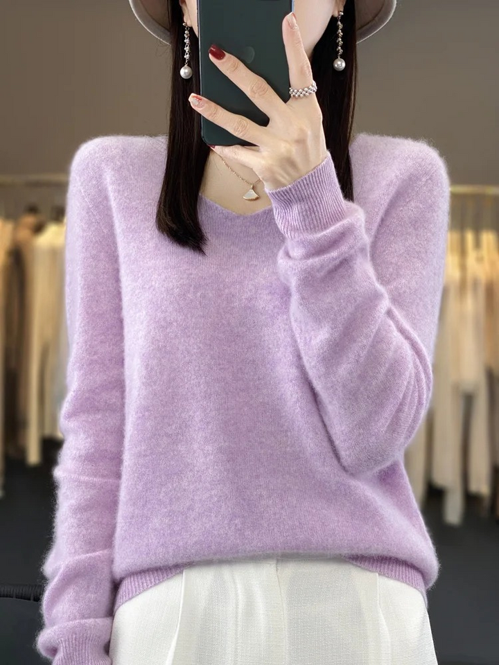 Levoire | Kashmir pull Femme Élégant Col en V, Doux & Confortable Violet clair