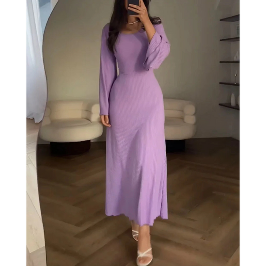 Levoire | Robe D'Invitée De Mariage Pour Femme À Manches Longues Et À Côtes - Maxi Pourpre