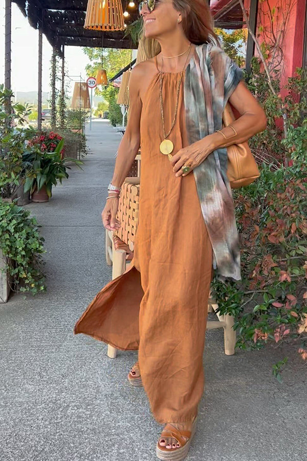 Levoire | Robe longue à col licou en lin mélangé Chameau